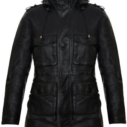 Mens Leather Hooded Trench Coat-Medellin