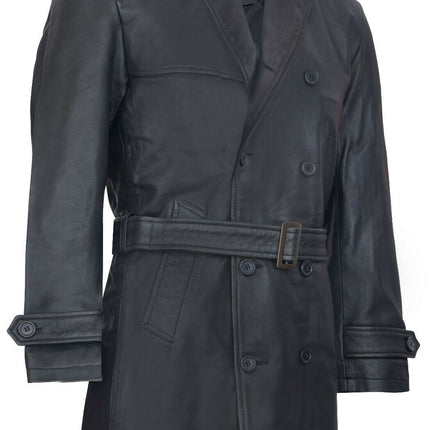 Mens Black Leather Trench Coat-Memphis