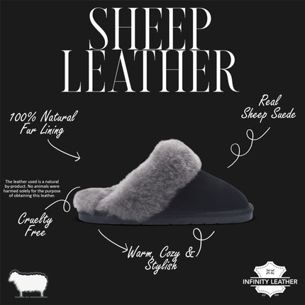 Women's Genuine Sheepskin Black Suede Mule Winter Slippers - Luna