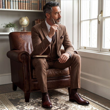Men's Brown 3 Piece Tweed Herringbone Formal Suit -  IM4