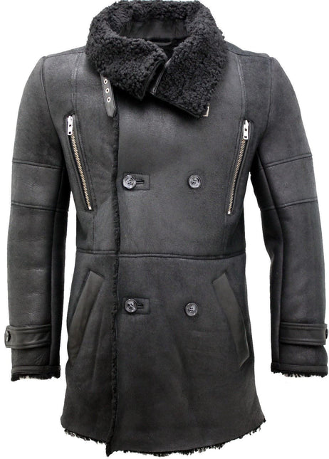 Mens Double Breasted Sheepskin Reefer Coat-Candon