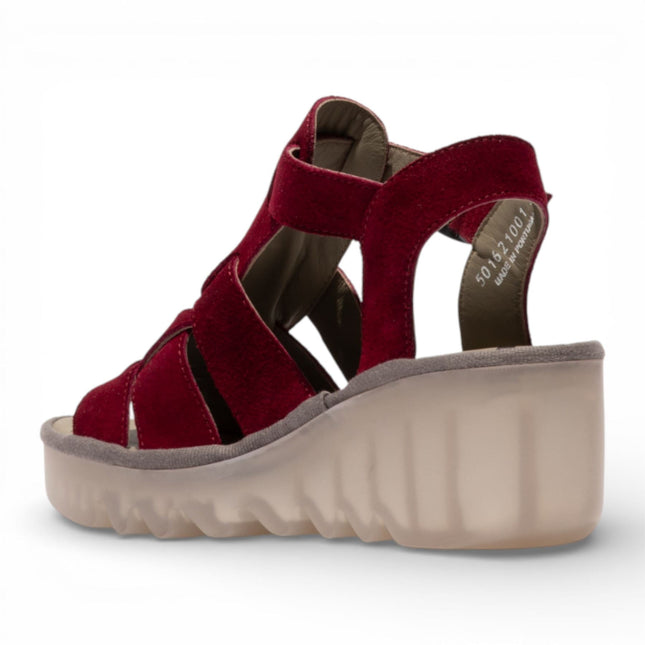Fly London Women's BAIC621FLY Berry Red Suede Leather Wedge Sandals