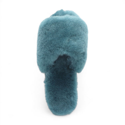 Women's Sheepskin Slippers Teal Warm Winter Fur Sliders - Nordic