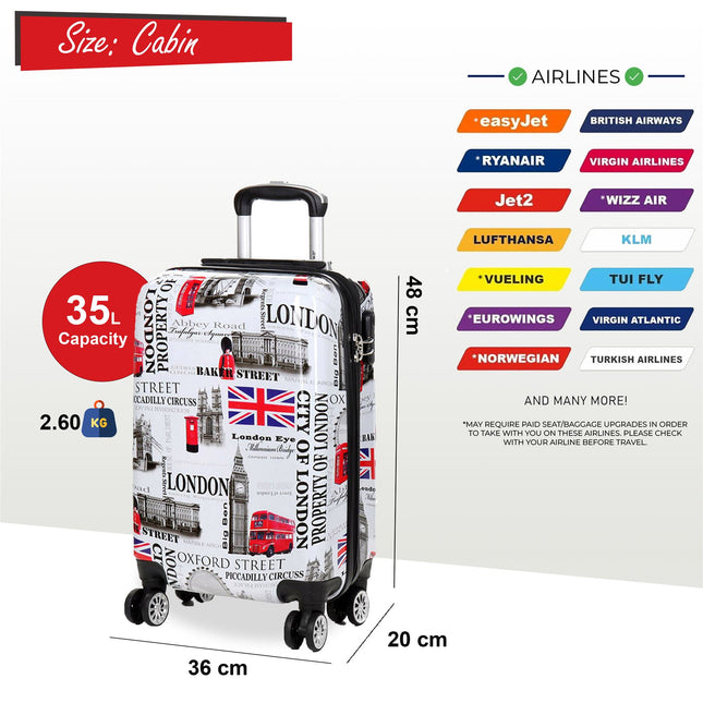 Hard Shell Printed Cabin 36 x 48 x 20 cm Suitcase Luggage Suitable for Easyjet, Ryanair