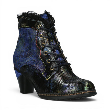 Laura Vita Women's Floral Goth Victorian Blue Leather Heeled Ankle Boots - Alcizeeo-190