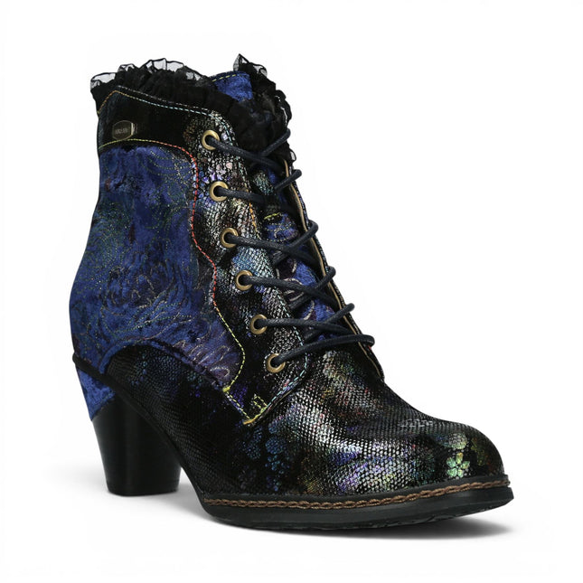 Laura Vita Women's Floral Goth Victorian Blue Leather Heeled Ankle Boots - Alcizeeo-190
