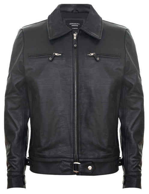 Mens Black Cowhide Leather Harrington Jacket-Geneva
