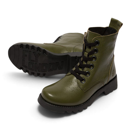 Fly London Womens Military Green Leather Lace-Up Heeled Ankle Boots - RAMY488