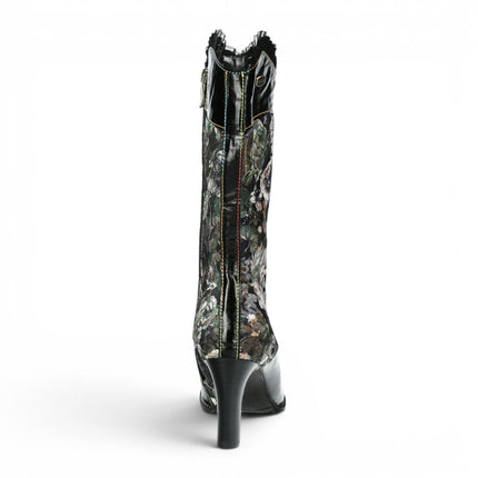 Laura Vita Floral Womens Goth Victorian Black Leather Heeled High Boots - Alcbane-351