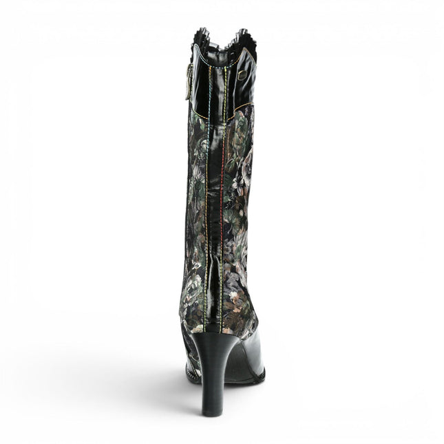 Laura Vita Floral Womens Goth Victorian Black Leather Heeled High Boots - Alcbane-351