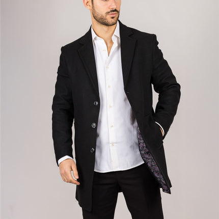 Men's Notched Lapel Collar Wool Blend Black Overcoat