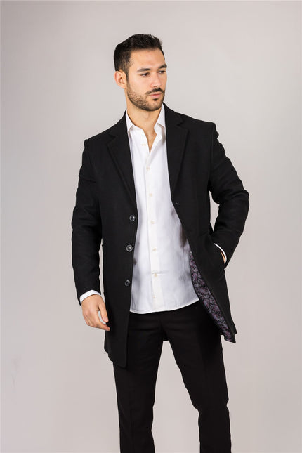 Men's Notched Lapel Collar Wool Blend Black Overcoat