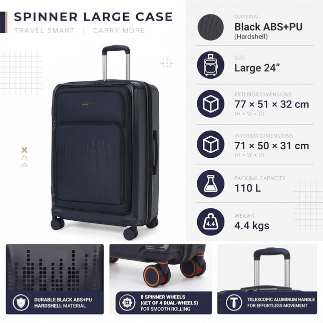 Hybrid ABS+PU Hard Shell Black Suitcase Set 8 Wheel Front Pocket Luggage