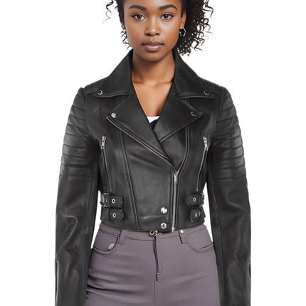 Womens Cropped Brando Leather Biker Jacket-Damascus