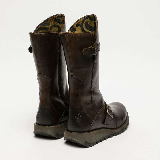 Fly London Womens Brown Mes 2 Wedge Heel Buckle Mid-Calf Leather Zip Platform Boots
