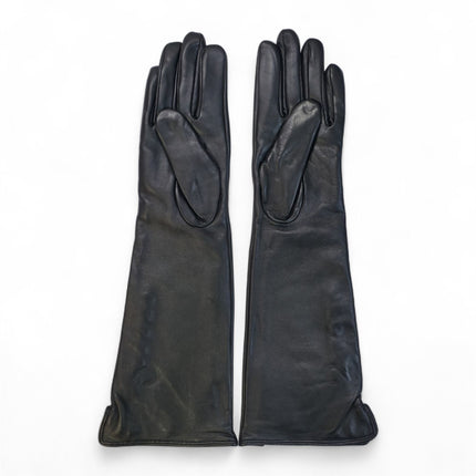 Womens Long Black Italian Leather Winter Button Design Soft Wool Lining Gloves - L-GLV-201