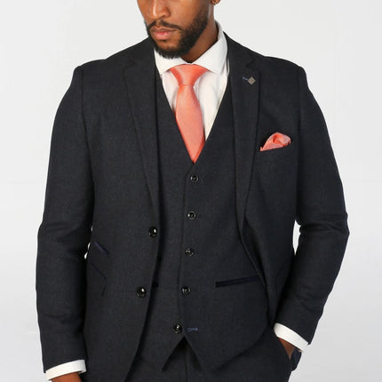 Men's Navy Blue Wool Blend Tweed 3 Piece Formal Suit