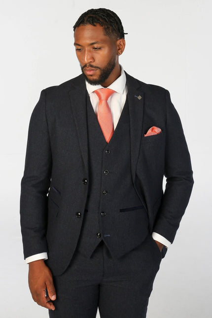 Men's Navy Blue Wool Blend Tweed 3 Piece Formal Suit