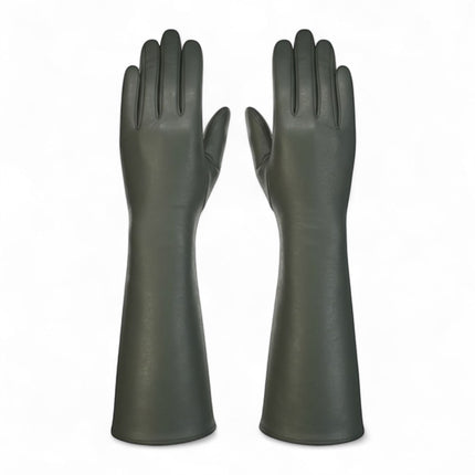Womens Long Olive Green Italian Leather Winter Soft Wool Lining Gloves