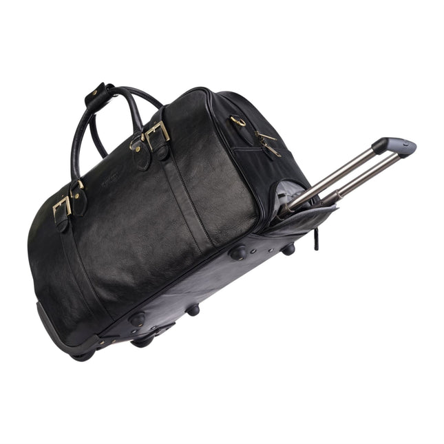 Genuine Leather Black Wheeled Holdall Duffle Travel Cabin Bag - Holt