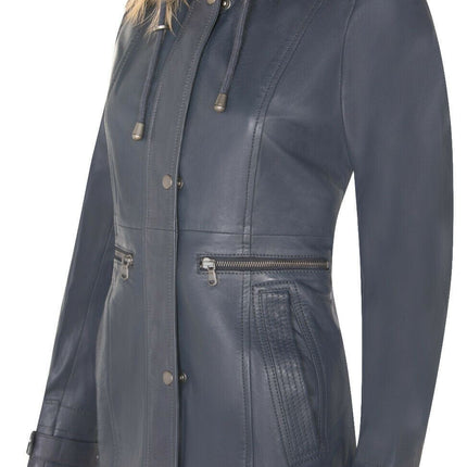 Womens Warm Leather Hooded Parka Jacket-Northwich