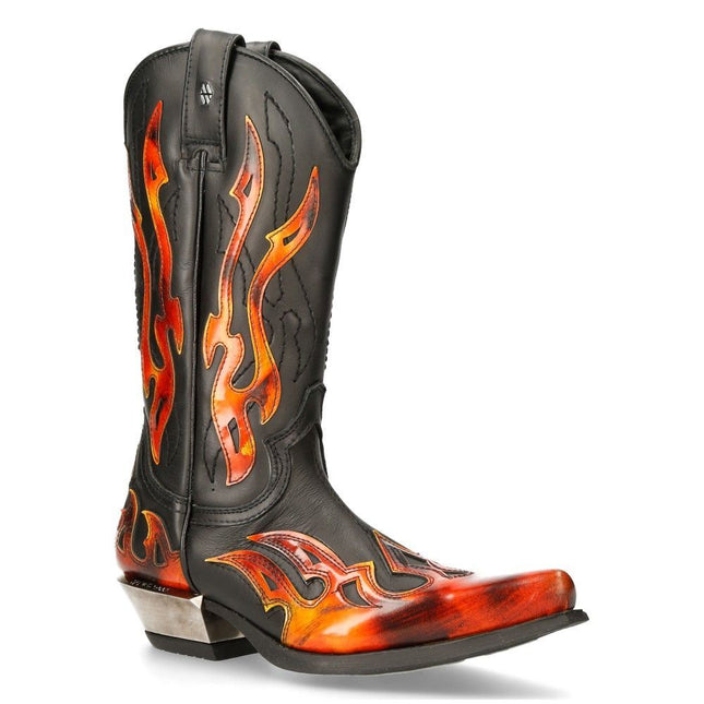 New Rock Flame Accented Black/Red Mid-Calf Cowboy Boots -7921-S2