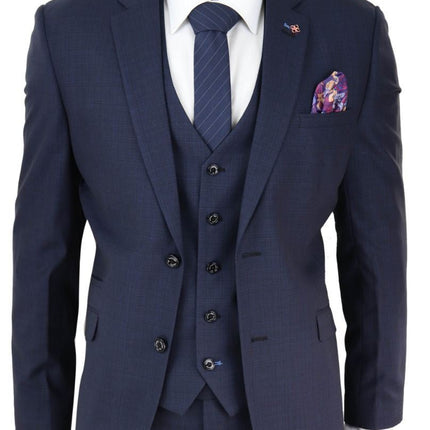Mens 3 Piece Navy Blue Tailored Fit Retro Classic Suit