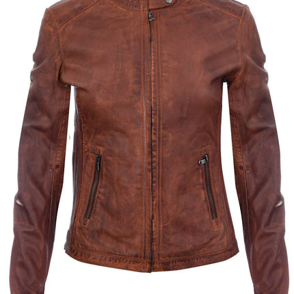 Womens Tan Leather Biker Jacket-Prague