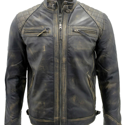 Men's Vintage Leather Quilted Biker Jacket-Monaco