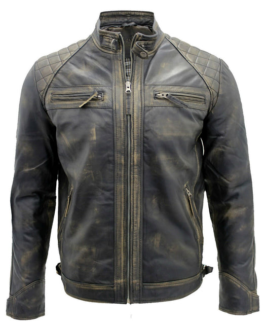 Men's Vintage Leather Quilted Biker Jacket-Monaco