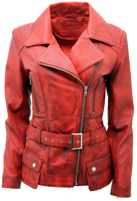 Womens Long Leather Biker Jacket-Quito