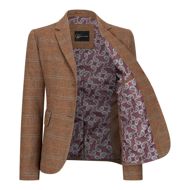 Women's Oak Brown 2 Piece Set Tweed Blazer Waistcoat in Herringbone Check