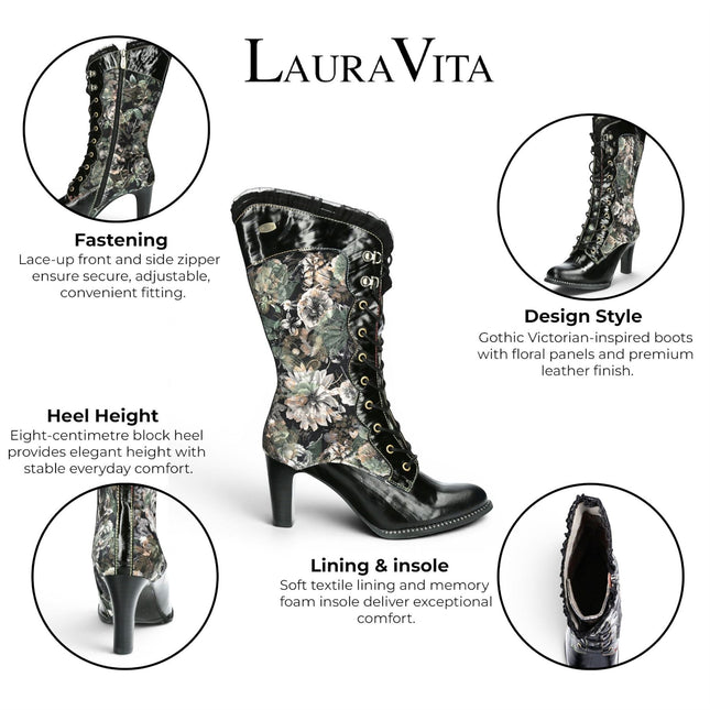Laura Vita Floral Womens Goth Victorian Black Leather Heeled High Boots - Alcbane-351