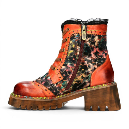 Laura Vita Women's Gothic Floral Orange Leather Combat Boots - Oyao-11