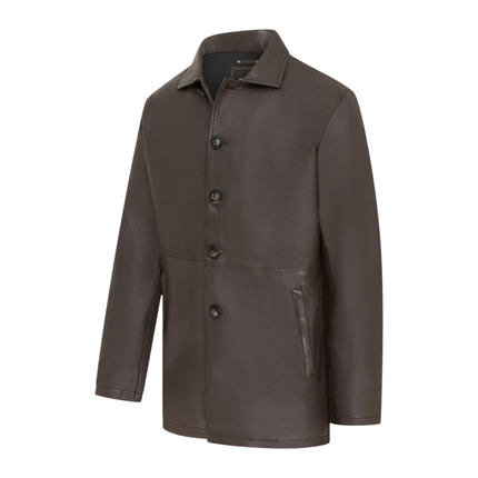 Men's Brown Leather Long Collared Car Coat Jacket - Berry