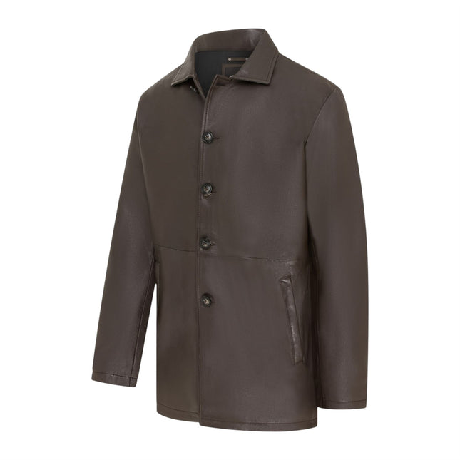 Men's Brown Leather Long Collared Car Coat Jacket - Berry