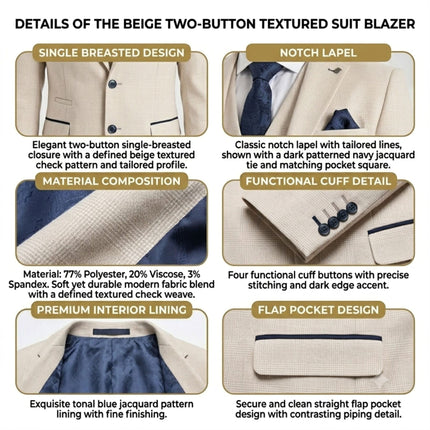 Men's Cream Checked Tailored Fit Suit - Regent