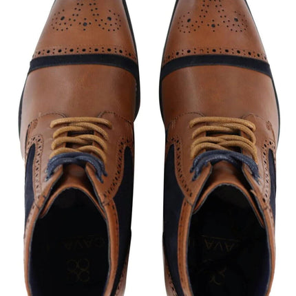 Mens Retro Oxford Brogue Ankle Boots In Tan/Navy Leather