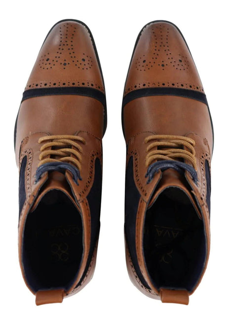Mens Retro Oxford Brogue Ankle Boots In Tan/Navy Leather