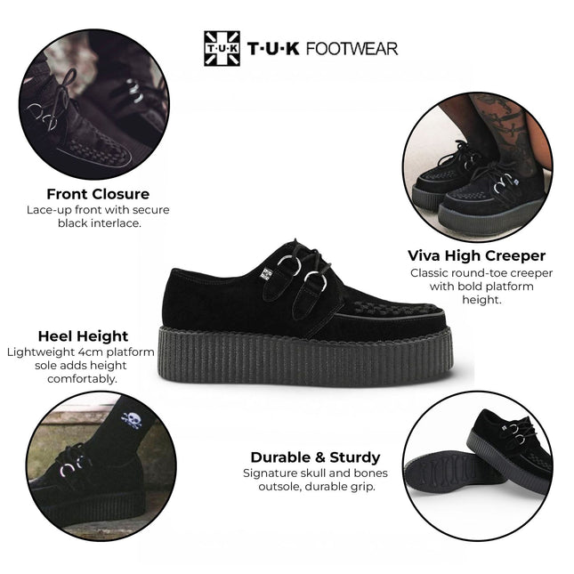 TUK Viva High Creeper Black Suede Platform Lace-Up Goth Shoes - AV7757