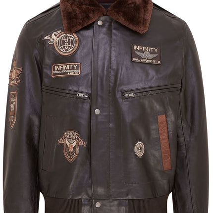 Mens Leather Bomber Jacket Air Force Badge Pilot Flying US Aviator Jacket