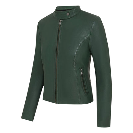 Womens Green Leather Stand Collar Racer Biker Jacket - 181