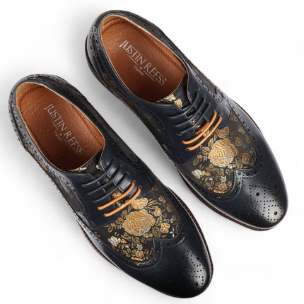 Justin Reess Men's Navy Blue Leather Floral Print Brogue Dress Shoes - Ross