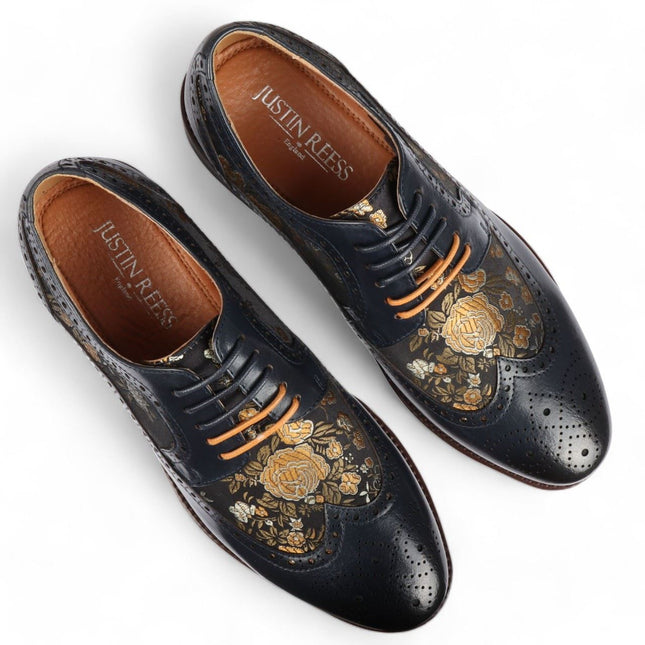 Justin Reess Men's Navy Blue Leather Floral Print Brogue Dress Shoes - Ross