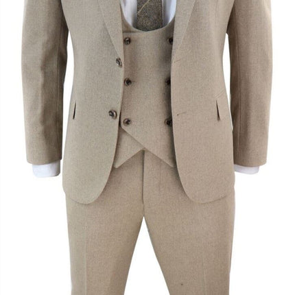 Mens Tweed 3 Piece Beige Formal Wedding Suit
