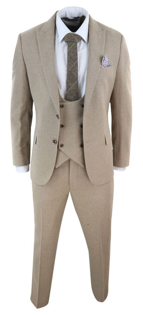 Mens Tweed 3 Piece Beige Formal Wedding Suit
