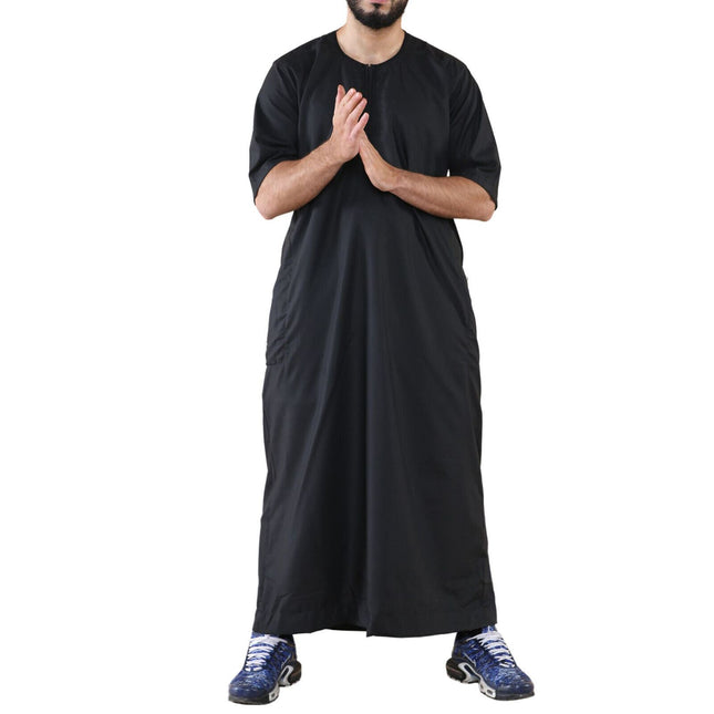 Mens Black Thobe Jubba Islamic Arab Moroccan Saudi Zipped Kaftan Arab Robe