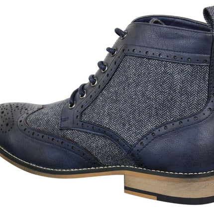 Mens Classic Tweed Oxford Ankle Boots In Navy Leather