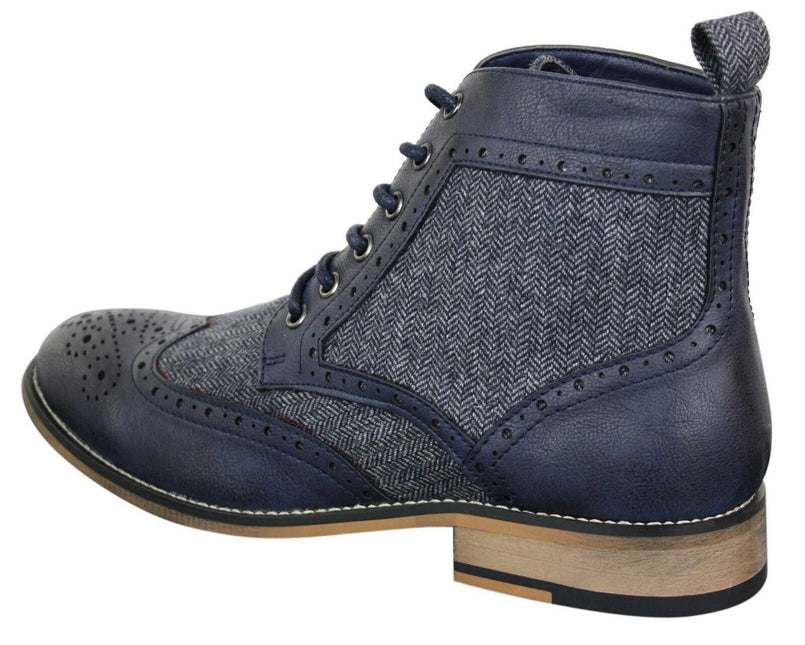 Mens Classic Tweed Oxford Ankle Boots In Navy Leather