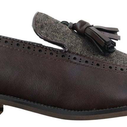 Mens Tasselled Brown Leather Tweed Brogue Slip On Loafers